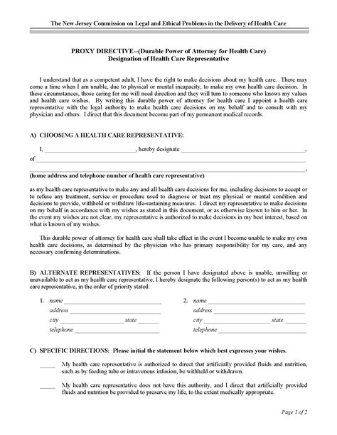 New Jersey Health Care Power Of Attorney Word Free Printable Legal