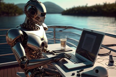 Generative Ai Humanoid Robot Working On Laptop Computer On Yacht Deck