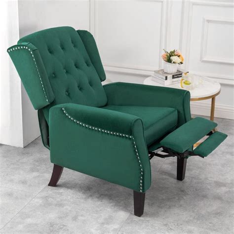 Ascot Studded Wingback Velvet Recliner Chair In Green