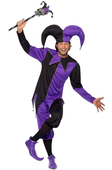 Black And Purple Court Jester Costume Mens Medieval Jester Dress Up