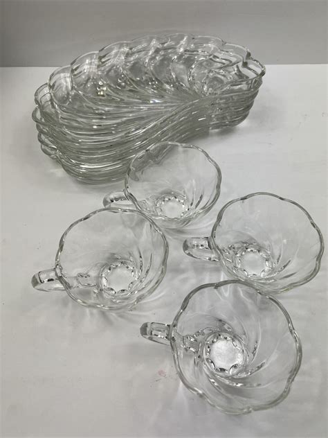 Hazel Atlas Glass INFORMAL SEASHELL Clear Snack Set 4 Cups Plates Swirl