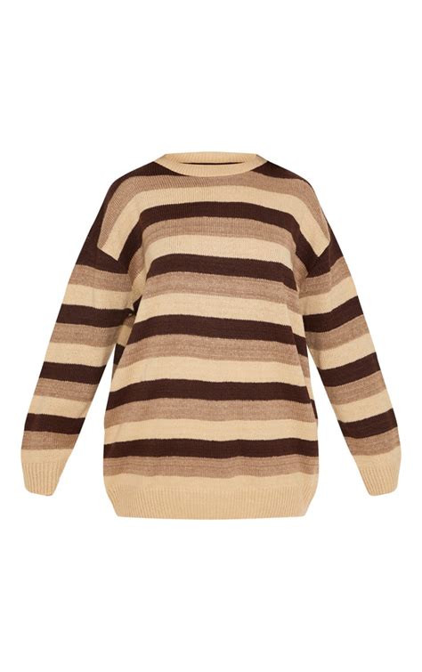 Brown Oversized Stripe Knitted Sweater Prettylittlething Uae