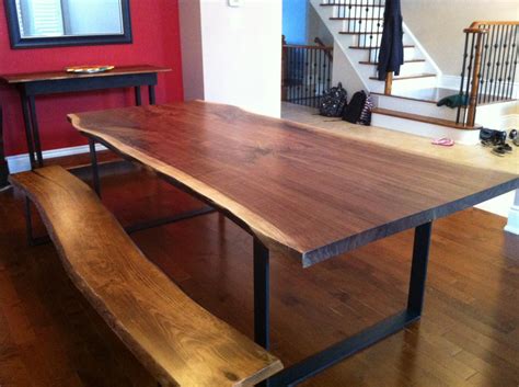 Simple, modern design meets rustic, natural style in this large rectangular live edge wood bench table handcrafted in india, the live edge wood table top is secured to wide, flat, black iron legs positioned in a stylish geometric pattern. Live Edge Table Dining Room Table Wood Slab Tables Live Edge