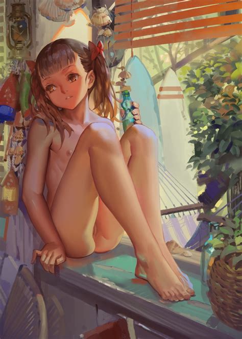 1girl Alphonse White Datura Ass Barefoot Bottle Brown Eyes Brown Hair Censored Feet Flat Chest