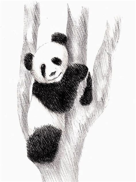A Black And White Drawing Of A Panda Bear Hanging Upside Down On A Tree