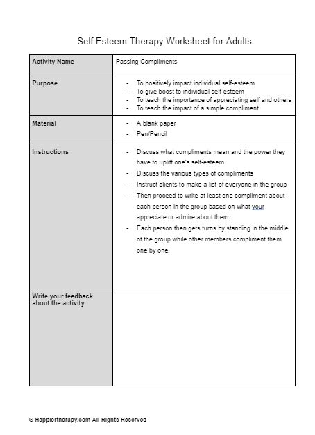 Self Esteem Therapy Worksheet For Adults Happiertherapy