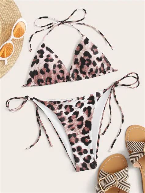 Leopard Halter Top With Tie Side Bikini Set Shein Side Tie Bikini