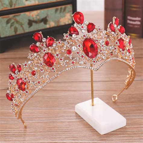 luxury gold crystal rhinestone red teardrop diadem headpiece wedding bride tiara and crown hair