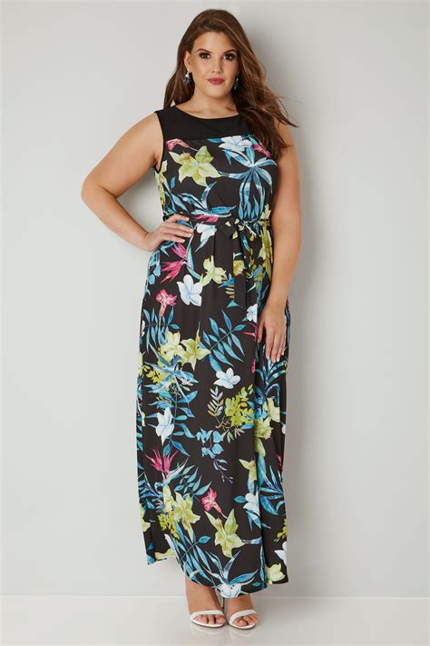 Black And Multi Tropical Floral Print Maxi Dress Plus Size 16 To 32