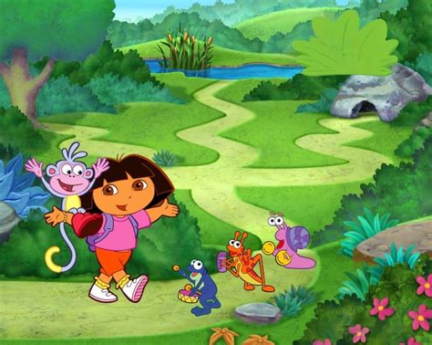 Dora The Explorer And Her Friends Are In Front Of A Fire With An Orange
