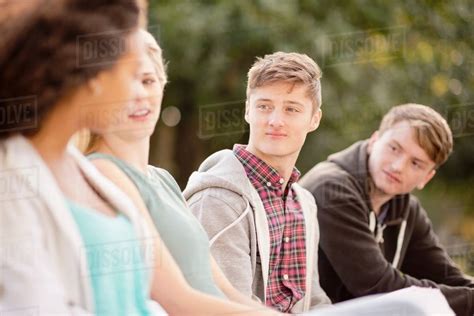 Four Young Adult Friends Chatting In Park Stock Photo Dissolve
