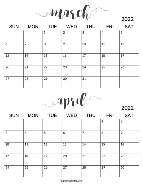 March April 2022 Calendar Two Months