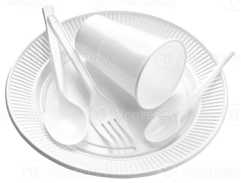 Disposable Plastic Dishware White Cup Plate Fork And Spoon Isolated
