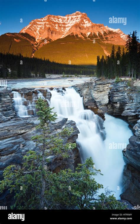 Sonnenuntergang Am Athabasca Falls Und Mt Kerkeslin In Den Kanadischen
