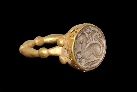 Ancient Greek Gold Ring With A Stone Intaglio Of A Hippocampus Dated