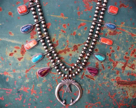 111g Squash Blossom Necklace Earring Set Turquoise Spiny Oyster Navajo