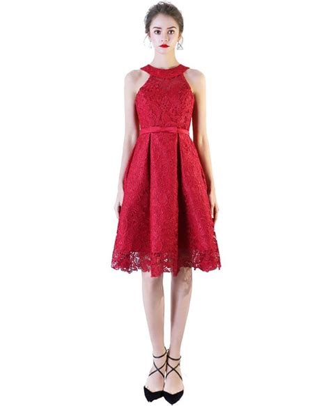 Burgundy Red Lace Aline Homecoming Dress Short Halter Bls86004