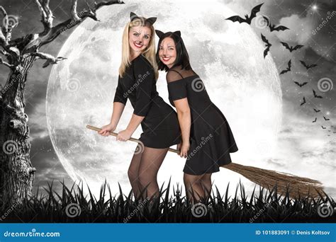 Halloweentwo Witches Fly On Broomsticks At Night In The Woods Stock