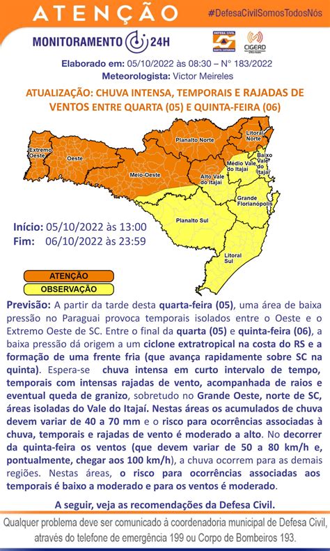 AtualizaÇÃo AtenÇÃo MeteorolÓgica Dc Sc 05 10 08 30 Chuva Intensa Temporais E Rajadas De