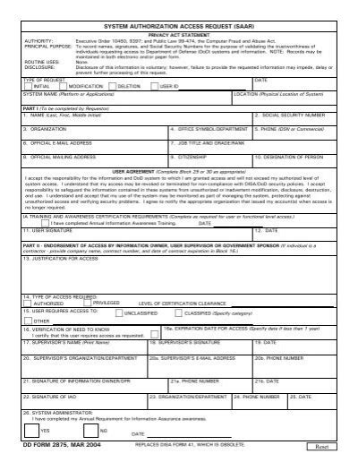 Dd Form 2875 System Authorization Access Request Saar
