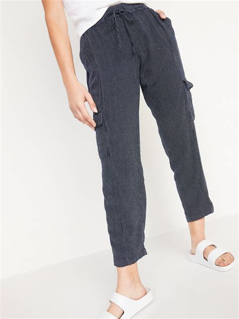Mid Rise Pinstriped Linen Blend Cargo Pants For Women Old Navy