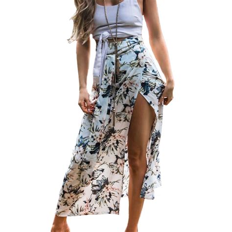 2019 New Long Bandage Skirt Women Floral Print Boho Beach Maxi Skirt Sexy Side Split Summer