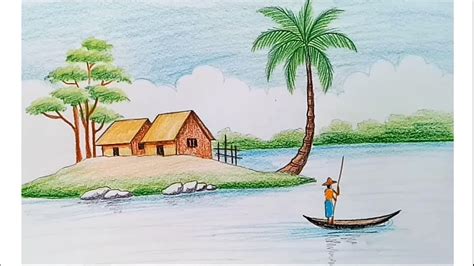 How To Draw Landscape Scenery Of Beautiful Nature Riverside