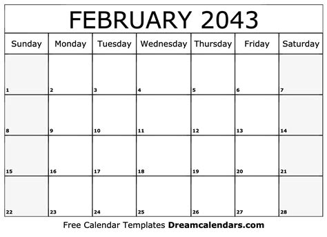 Download Printable February 2043 Calendars