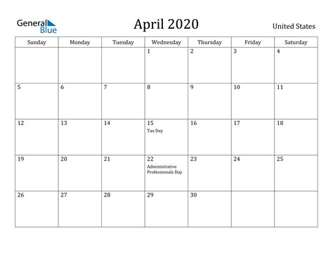 April 2020 Calendar United States