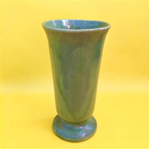 Vintage Usa Pottery Vase Tall Green Usa Vase Green Pottery Pedestal Vase Mid Century Modern