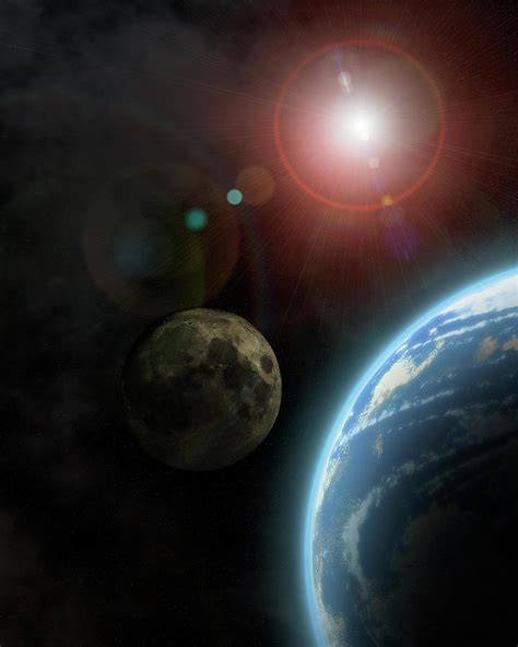 Earth Like Planet And Moon Bathed In Sunlight Digital Art By Three