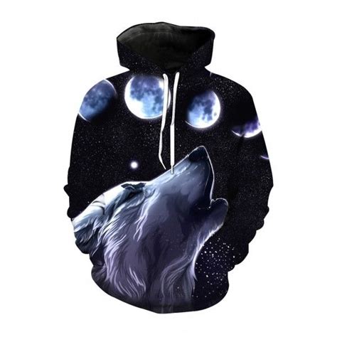 Fashionable Wolf Moon Galaxy Printed Long Sleeves Pullover Hoodie With