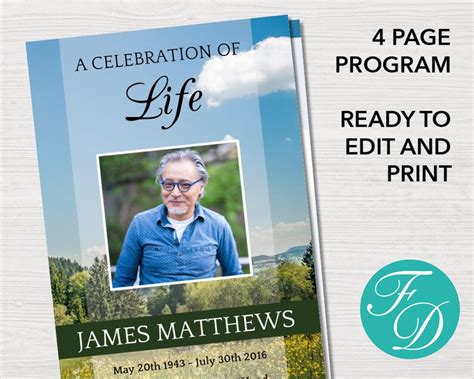 Celebration Of Life Program For Man Funeral Program Template Etsy