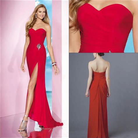 Strapless Sweetheart Beads Red Long Prom Dresses 2014 With Slide Slit