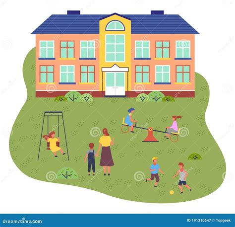 Illustration Of Preschool Building Children And Teacher On The