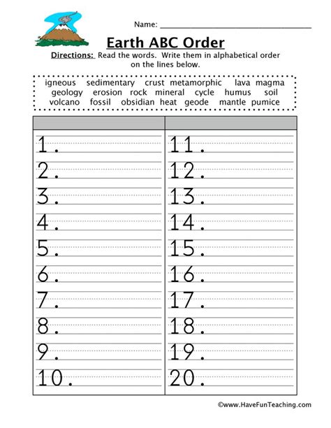 Free printable worksheet for kindergarten. Alphabetical Order Worksheet - Earth | Have fun teaching, Reading comprehension worksheets ...