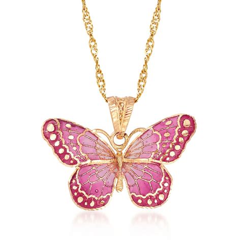 Italian Pink Enamel Butterfly Pendant Necklace In 18kt Yellow Gold