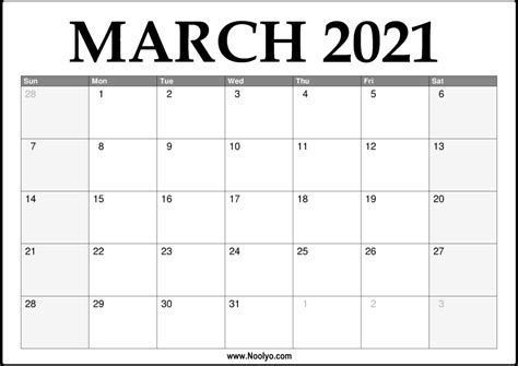 2021 March Calendar Printable Download Free