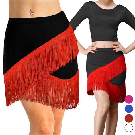 Women Fes Tassels Mini Skirt Ballroom Latin Tango Salsa Dancewear Dress Samba Chacha Dancing