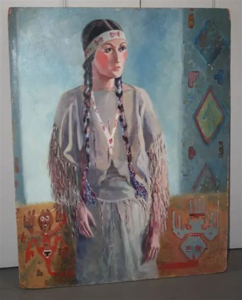 Vintage Native American Indian Woman Lady Portrait Painting Art Navajo