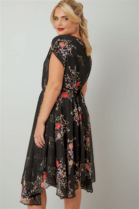Black And Multi Vintage Floral Print Chiffon Dress With Hanky Hem Plus Size 16 To 36