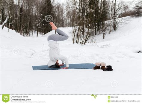 Winter Yoga Session In Beautiful Place Stock Photo Image Of Barefoot