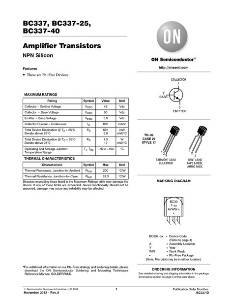 Datasheet BC BC BC BC Amplifier Transistors NPN Silicon Onsemi Features