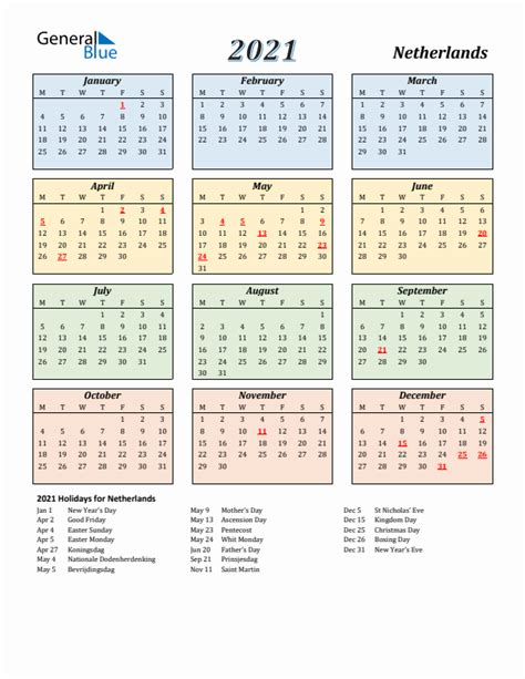 2021 Netherlands Calendar With Holidays