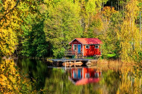 Cabin On Autumn Lakeshore Tranquility Fall