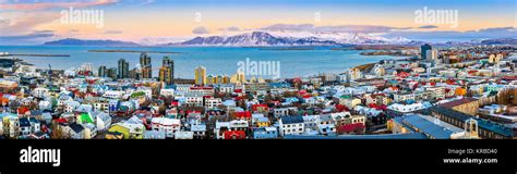 Aerial Panorama Of Downtown Reykjavik At Sunset With Colorful Houses