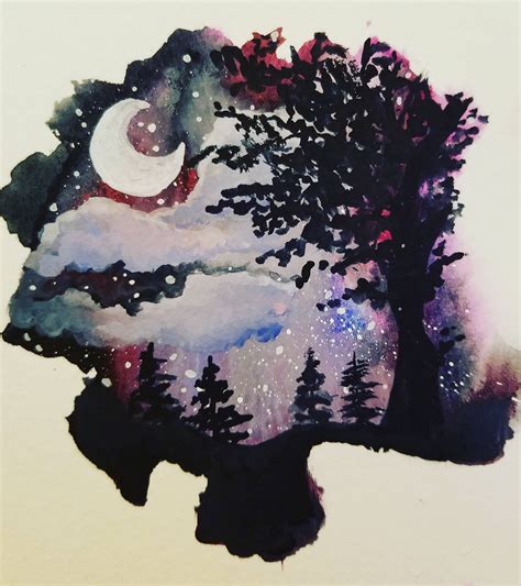 Mini Moonlit Night Watercolor And Gouache 3x4 Rart