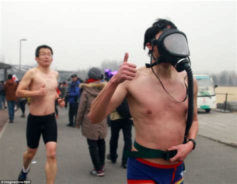 China S Naked Fun Disrupted By Dangerous Orange Level Smog Alert As Runners Don Gas Masks To