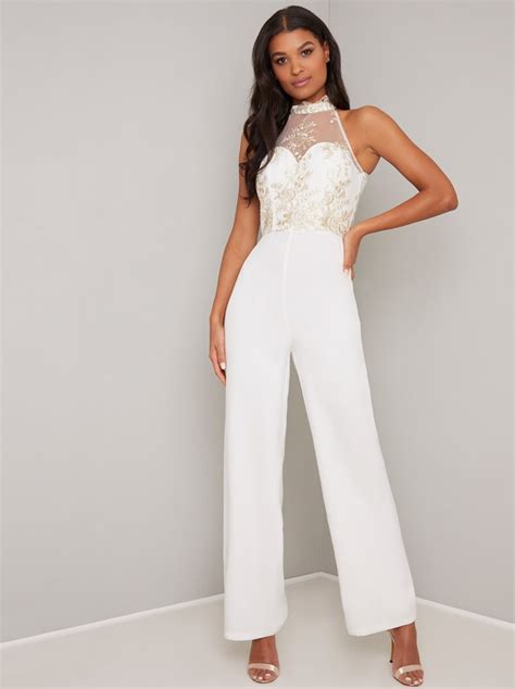 Embroidered Jumpsuit With Flared Trousers In Cream Chi Chi London