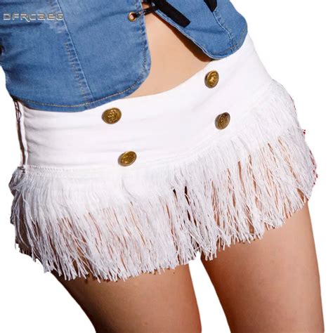 Summer Shorts 2018 Nightclub Style White Mini Denim Shorts Sexy With Tassel Low Waist Jeans